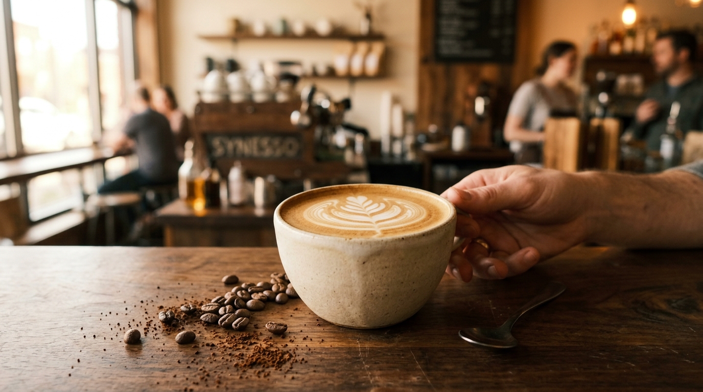 Artisan specialty latte with intricate latte art in cozy sunlit cafe