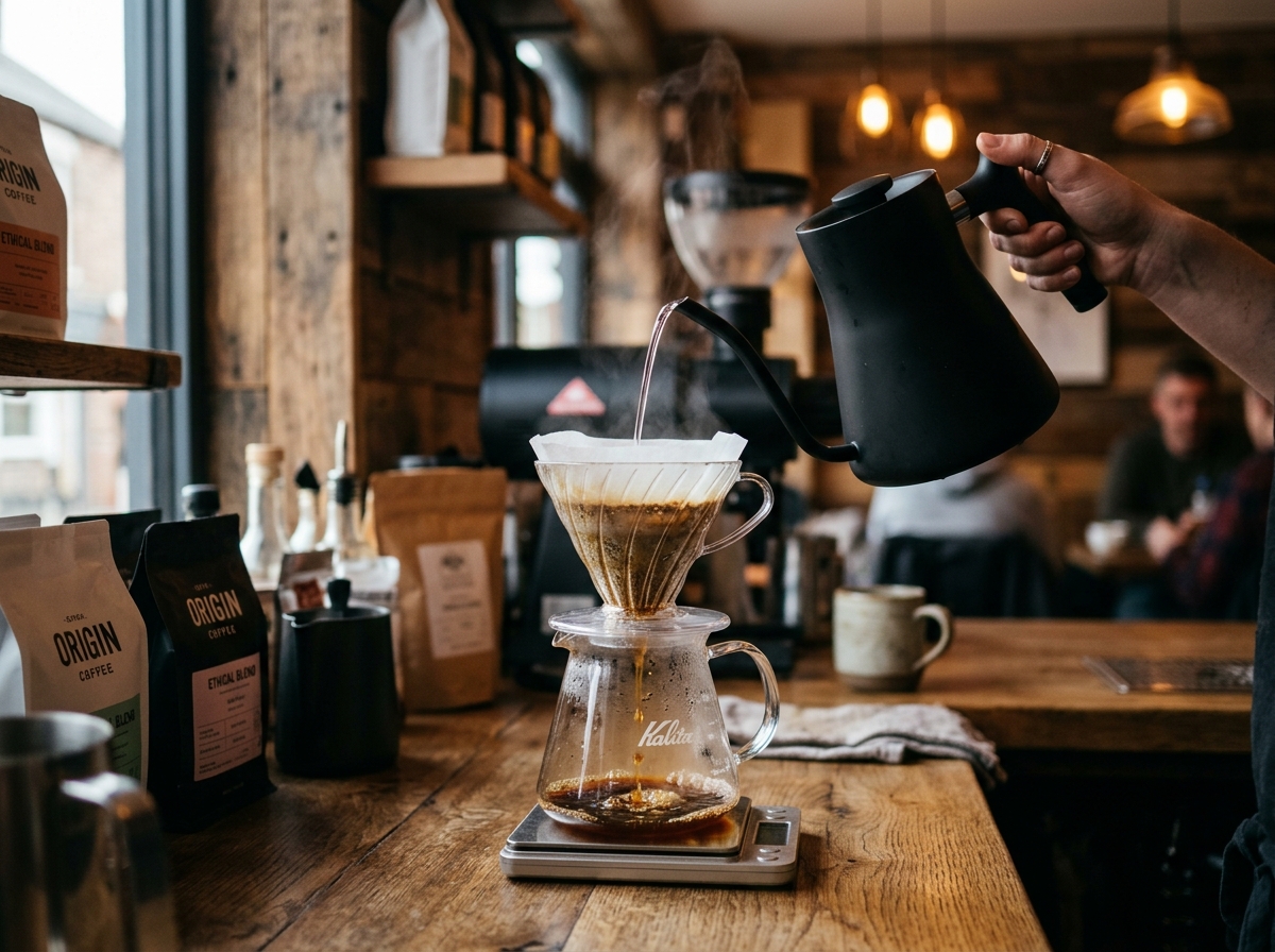 Artisan pour over craft coffee brewing in cafe